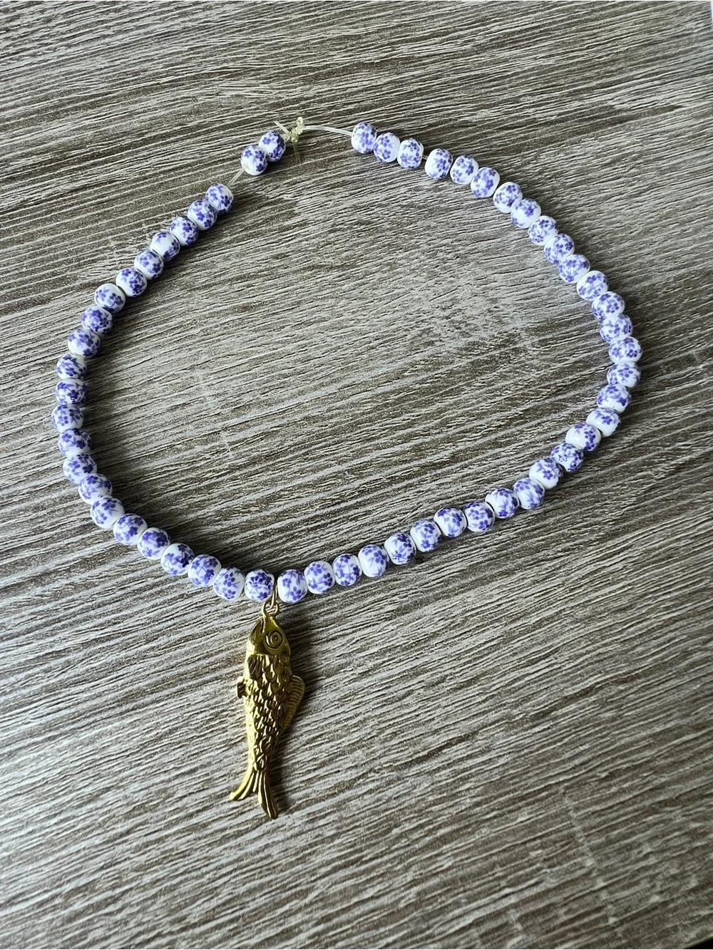 Handmade blue ceramic Beaded choker with Gold Fish Pendant - Picture 2 of 4